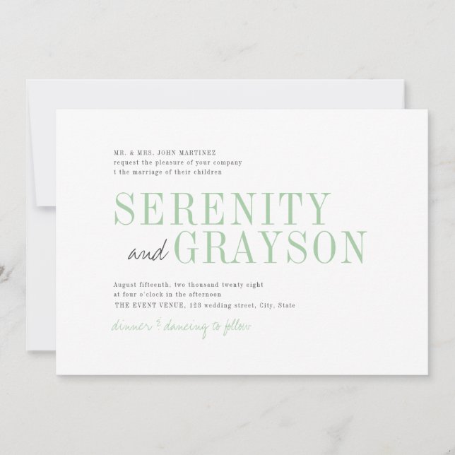 Spring green modern typography minimalist wedding invitation (Front)