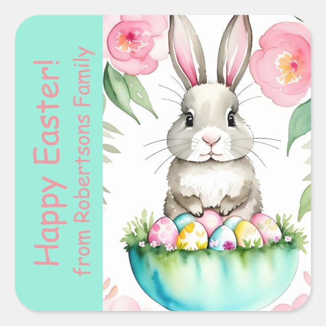 Spring Green Pink Floral Bunny Easter Eggs Square Sticker (Front)