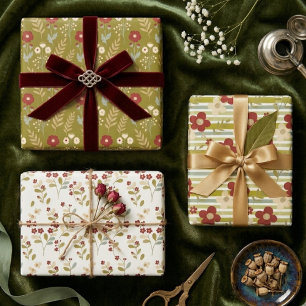 Spring Green Red Botanical Bloom Watercolor TMF26 Wrapping Paper Sheet