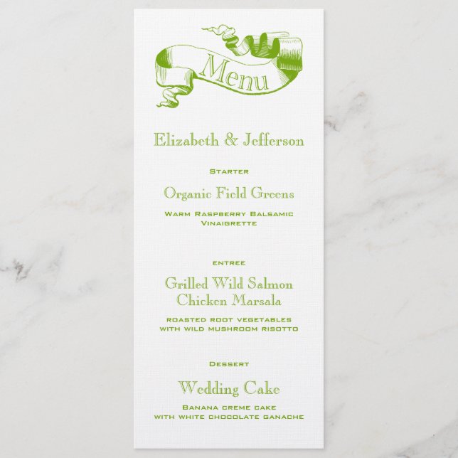 Spring Green Scroll Wedding Menu Card (Front)