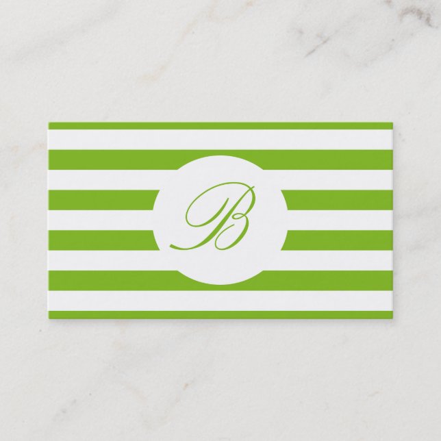 Spring Green Striped With Monogram Business Card (Front)