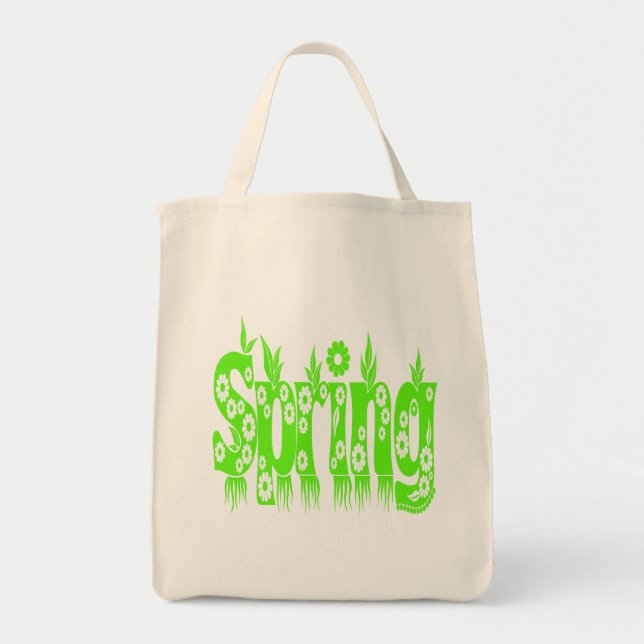 Spring Green Text Cute Floral Typography Tote Bag (Front)