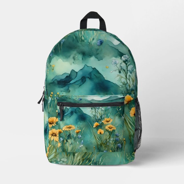 Spring Green watercolor landscape wildflowers Printed Backpack (Front)