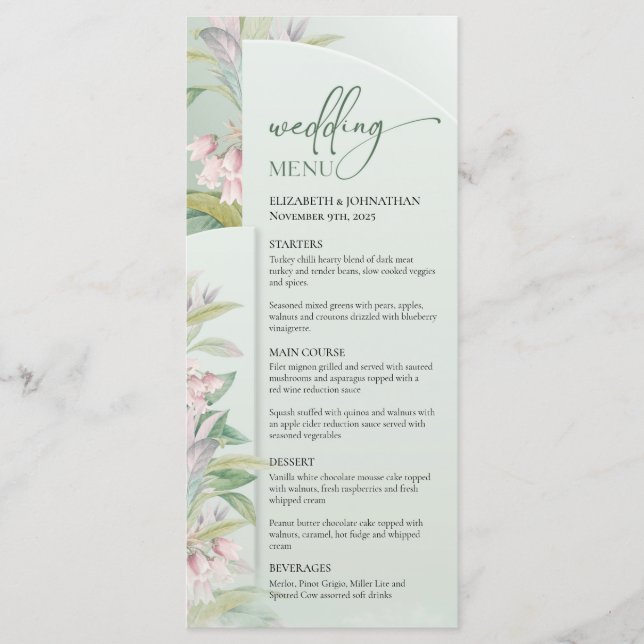 Spring greenery foliage blush roses boho arch menu (Front)