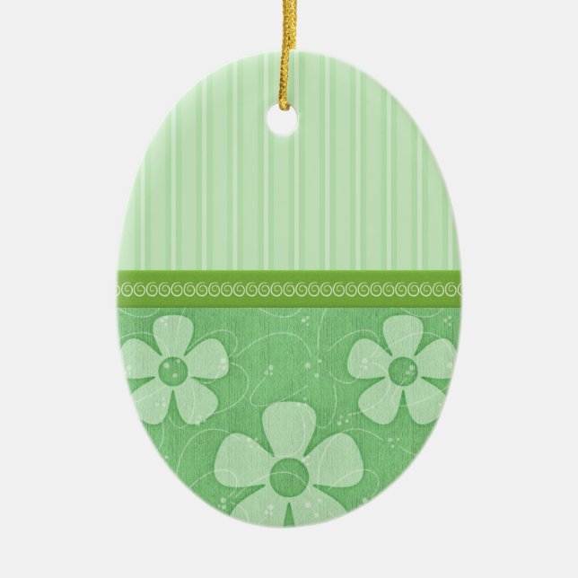 Spring Greens Stripes and Florals Egg Ceramic Tree Decoration (Front)