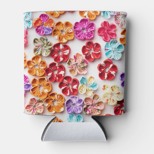 Spring Handmade sewn fabric Flowers Multicolor  Can Cooler (Front)