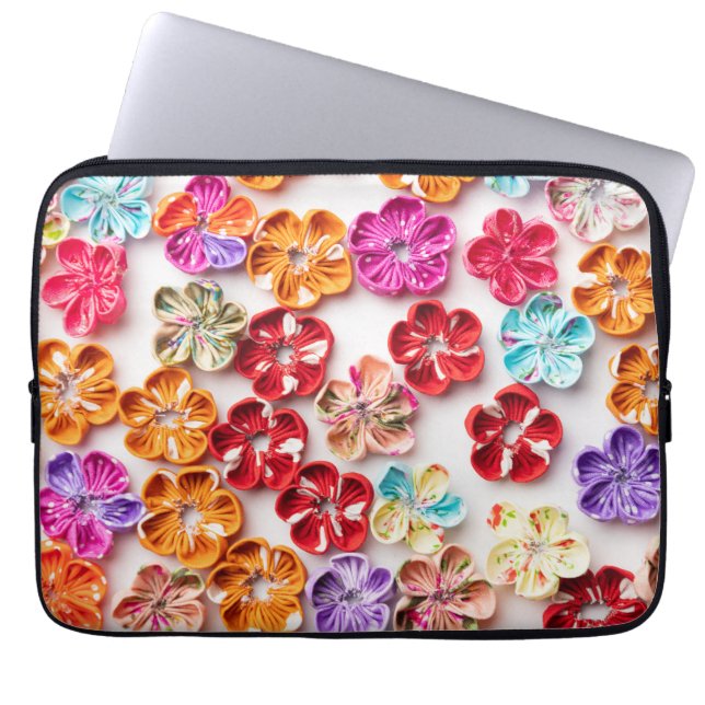 Spring Handmade sewn fabric Flowers Multicolor  Laptop Sleeve (Front)