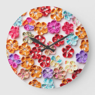 Spring Handmade sewn fabric Flowers Multicolor  Large Clock