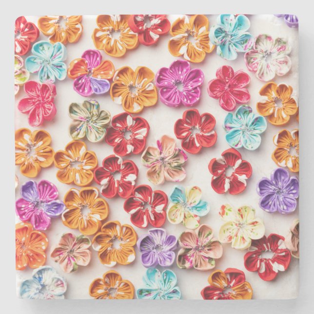 Spring Handmade sewn fabric Flowers Multicolor  Stone Coaster (Front)
