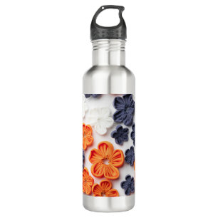 Spring handmade sewn fabric flowers orange blue  710 ml water bottle