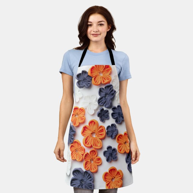 Spring handmade sewn fabric flowers orange blue  apron (Worn)
