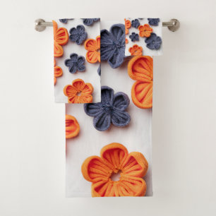 Spring handmade sewn fabric flowers orange blue bath towel set