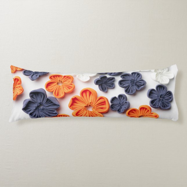 Spring handmade sewn fabric flowers orange blue  body cushion (Front)