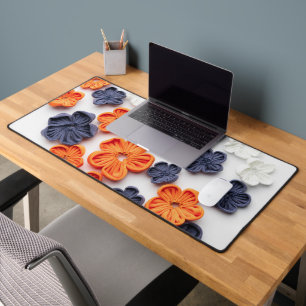 Spring handmade sewn fabric flowers orange blue desk mat
