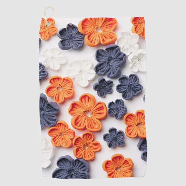Spring handmade sewn fabric flowers orange blue  golf towel (Front)