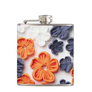 Spring handmade sewn fabric flowers orange blue hip flask
