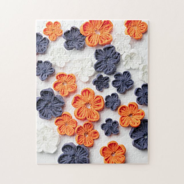 Spring handmade sewn fabric flowers orange blue  jigsaw puzzle (Vertical)