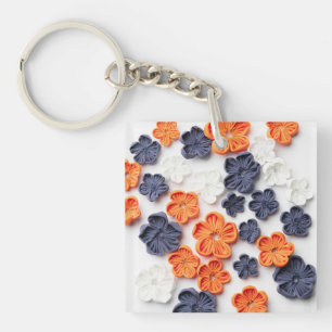Spring handmade sewn fabric flowers orange blue key ring