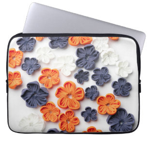 Spring handmade sewn fabric flowers orange blue laptop sleeve