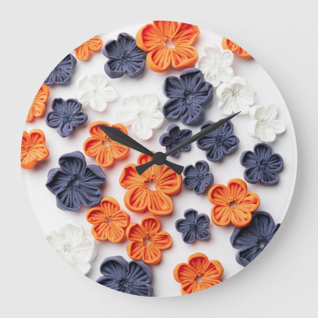 Spring handmade sewn fabric flowers orange blue  large clock (Front)