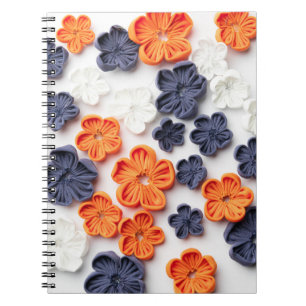Spring handmade sewn fabric flowers orange blue notebook