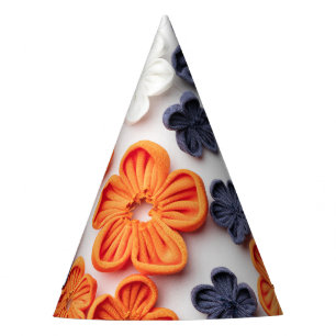 Spring handmade sewn fabric flowers orange blue  party hat