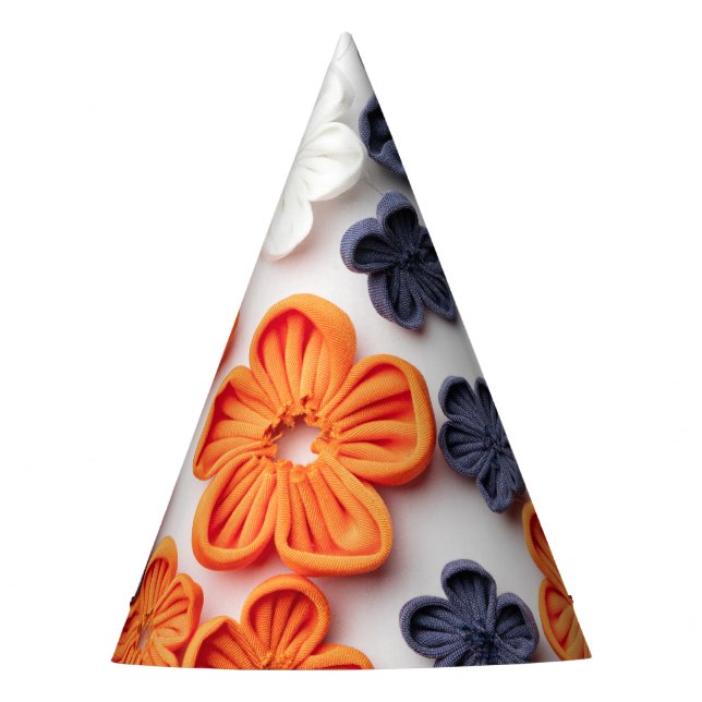 Spring handmade sewn fabric flowers orange blue  party hat (Front)