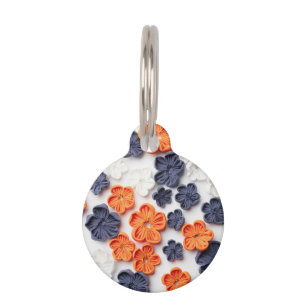 Spring handmade sewn fabric flowers orange blue pet tag