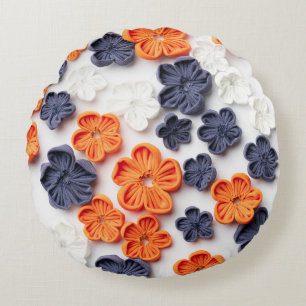 Spring handmade sewn fabric flowers orange blue round cushion