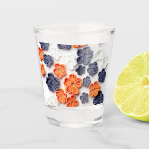 Spring handmade sewn fabric flowers orange blue shot glass