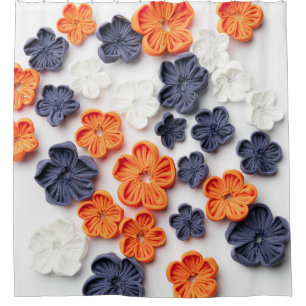 Spring handmade sewn fabric flowers orange blue shower curtain