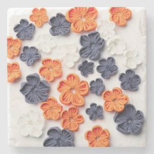 Spring handmade sewn fabric flowers orange blue stone coaster