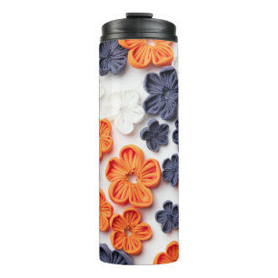 Spring handmade sewn fabric flowers orange blue thermal tumbler