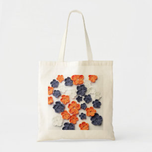 Spring handmade sewn fabric flowers orange blue  tote bag