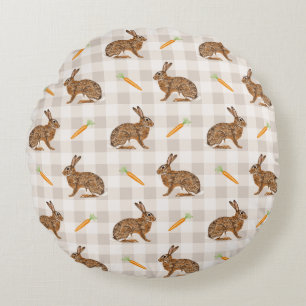 Spring Hare And Carrot Rustic Beige Gingham Easter Round Cushion