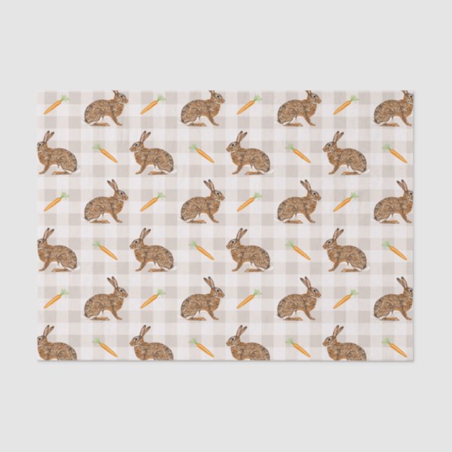 Spring Hare And Carrots Beige Gingham Easter Tissue Paper (Front)