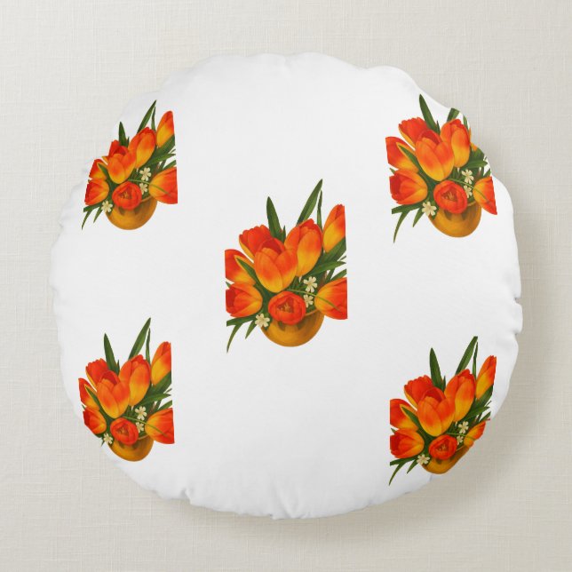 Spring Harmony – Orange & Yellow Tulips Round Cushion (Front)