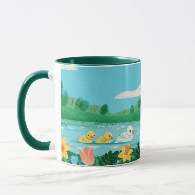 Spring Harmony – Whimsical Duck Family by the Lake Mug (Left)