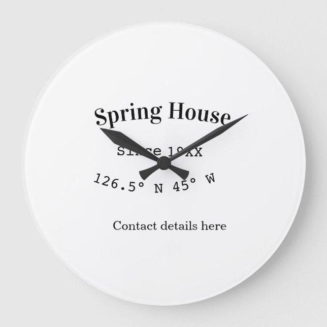 Spring house ets. Date year custom coordinates add Large Clock (Front)