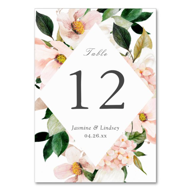 Spring Hydrangea Blossom Blush Pink Floral Wedding Table Number (Front)