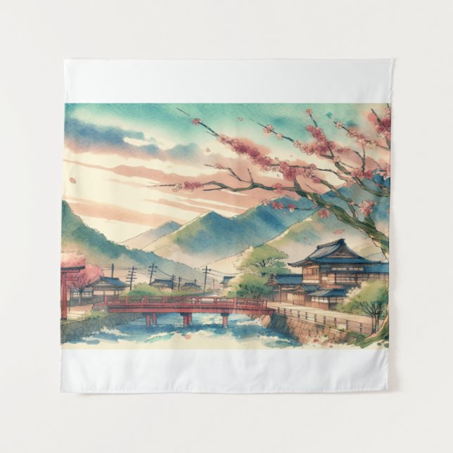Spring in a Japanese Village  Watercolor Landscape Tapestry (Front)