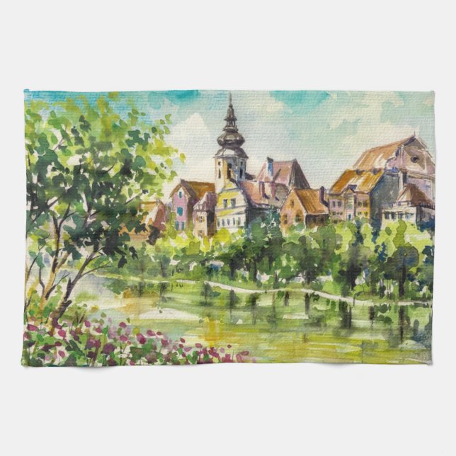 Spring in small city on the river tea towel (Horizontal)