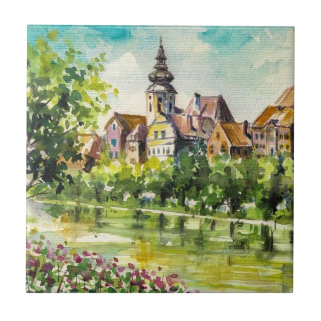 Spring in small city on the river tile (Front)