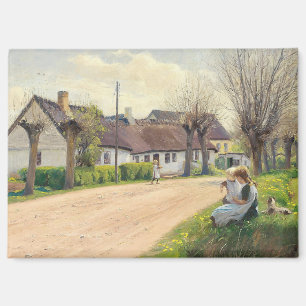 Spring in the village with girls on the roadside magnet