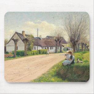 Spring in the village with girls on the roadside mouse pad