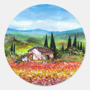 SPRING  IN TUSCANY /COLORFUL FLOWER FIELDS ,FLORA CLASSIC ROUND STICKER