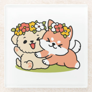 Spring Into Cuteness – Adorable Dog Illustration Glass Coaster