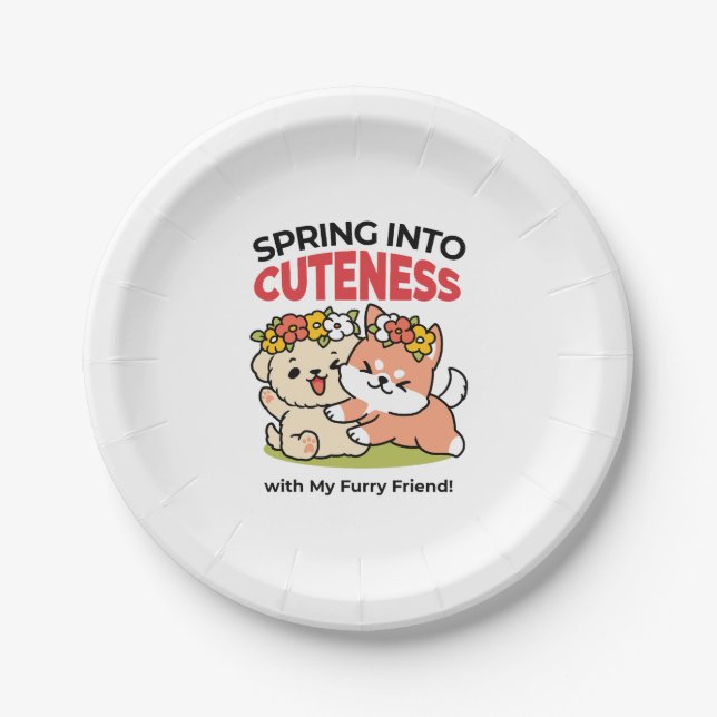 Spring Into Cuteness – Adorable Dog Illustration  Paper Plate (Front)