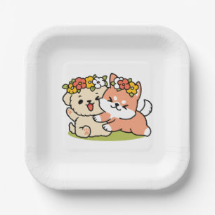 Spring Into Cuteness – Adorable Dog Illustration Paper Plate