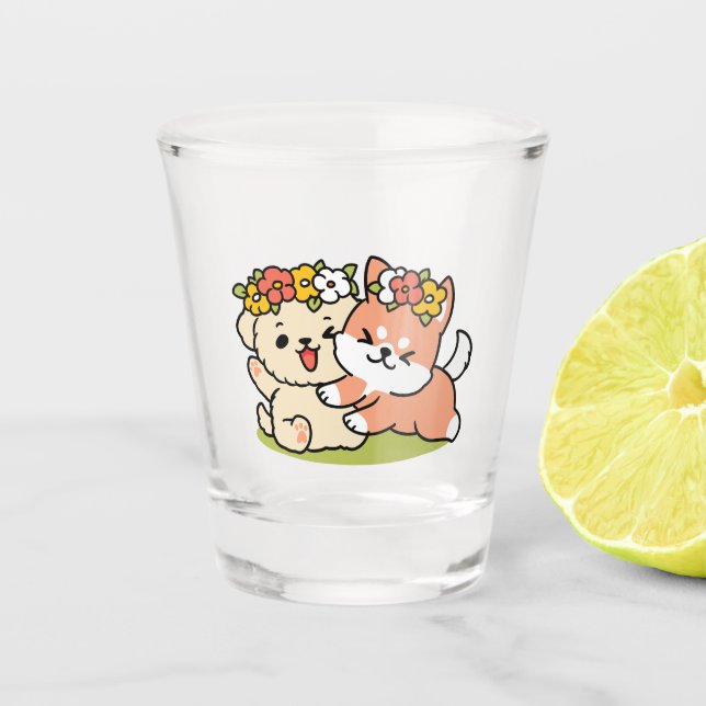 Spring Into Cuteness – Adorable Dog Illustration  Shot Glass (Front)